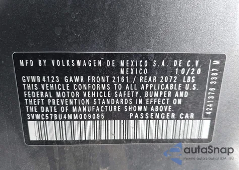 2021 Volkswagen Jetta 1.4T R-Line/1.4T S/1.4T Se z USA, uszkodzony, nr VIN 3VWC57BU4MM009095